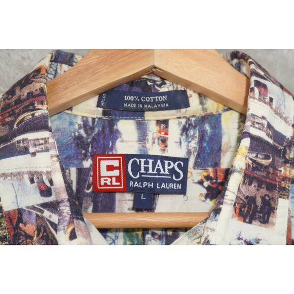 Retro 90s CHAPS Ralph Lauren Multi-Color Patchwork Boat Print Shirt Size L - Picture 4 of 5